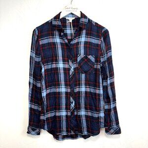 New BeachLunchLounge Plaid Shirt Blue Long Sleeve Button Down Casual Womens XS